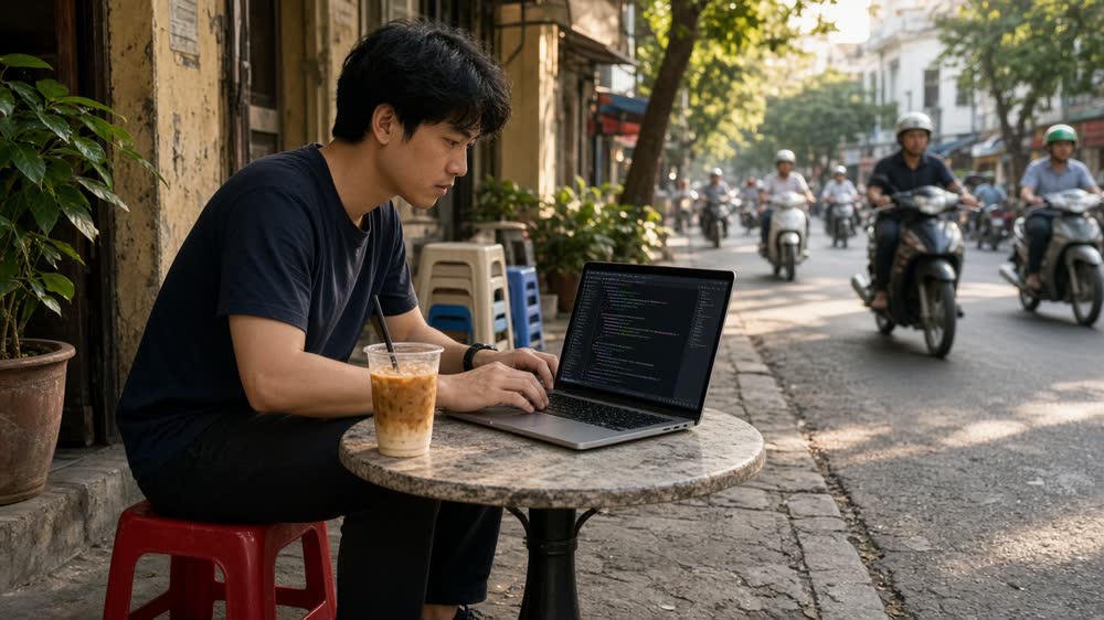 Checking picks from a street café.