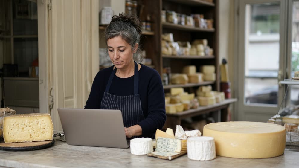 A cheese shop at the counter.
