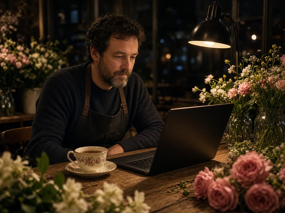 A florist checking picks after closing.