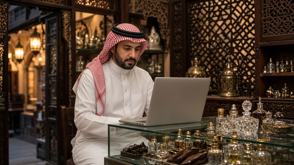 A perfume shop owner reviewing replies.